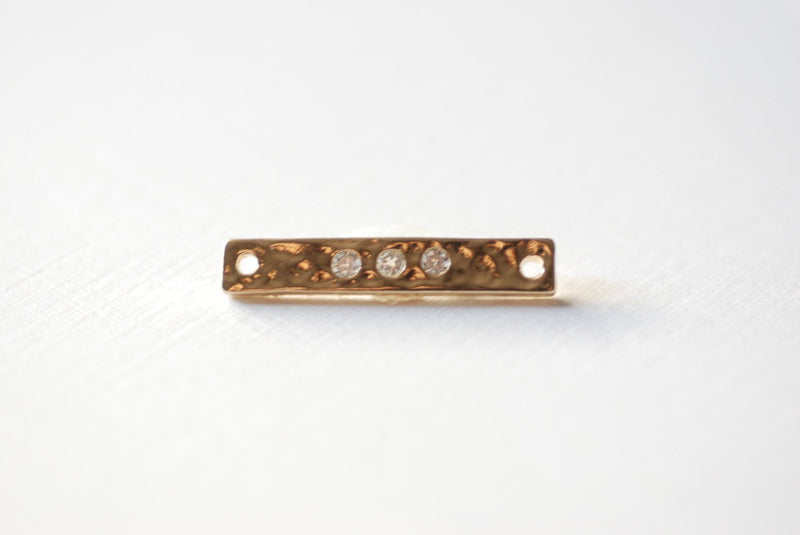 Vermeil gold hammered Bar connector charm- 18k gold plated Gold Bar Pendant, Bar with Crystals, Rectangle Bar with CZ stones Connector Link - HarperCrown