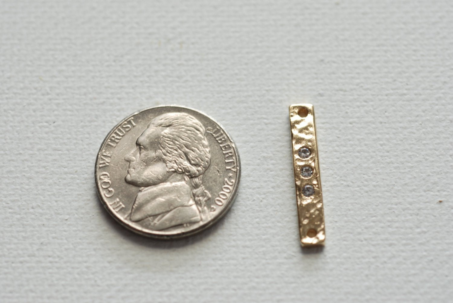 Vermeil gold hammered Bar connector charm- 18k gold plated Gold Bar Pendant, Bar with Crystals, Rectangle Bar with CZ stones Connector Link - HarperCrown