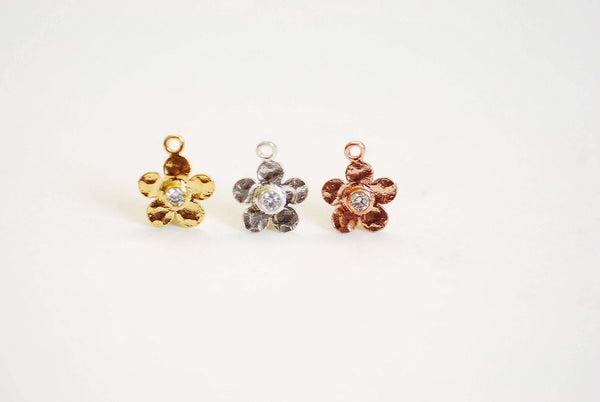 Vermeil Gold Hammered Flower with CZ Stone Accent Charm- 22k Gold plated over 925 Sterling Silver, Rose Gold Flower Charm Pendant, Pave, 349 - HarperCrown