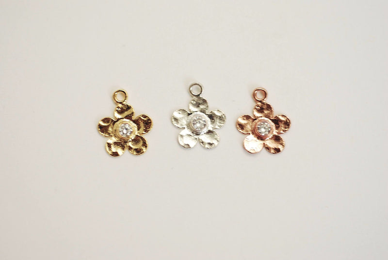Vermeil Gold Hammered Flower with CZ Stone Accent Charm- 22k Gold plated over 925 Sterling Silver, Rose Gold Flower Charm Pendant, Pave, 349 - HarperCrown