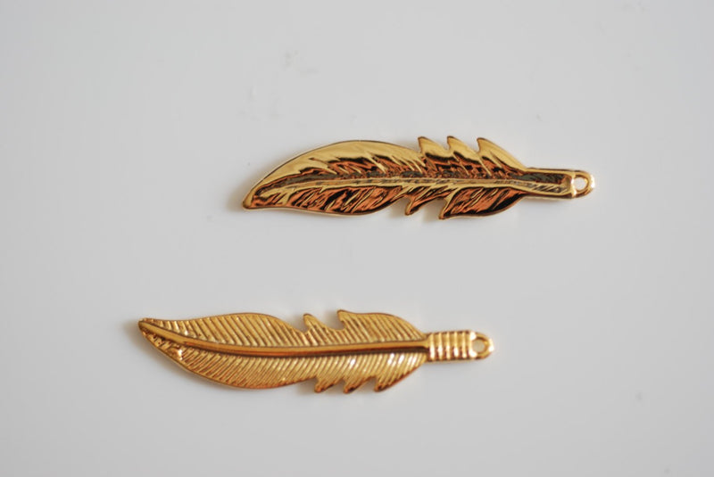 Vermeil Gold Large Feather Pendant - 18k gold plated over sterling silver, large feather charm, Gold Feather Charm, Vermeil Gold Leaf - HarperCrown
