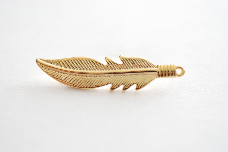 Vermeil Gold Large Feather Pendant - 18k gold plated over sterling silver, large feather charm, Gold Feather Charm, Vermeil Gold Leaf - HarperCrown