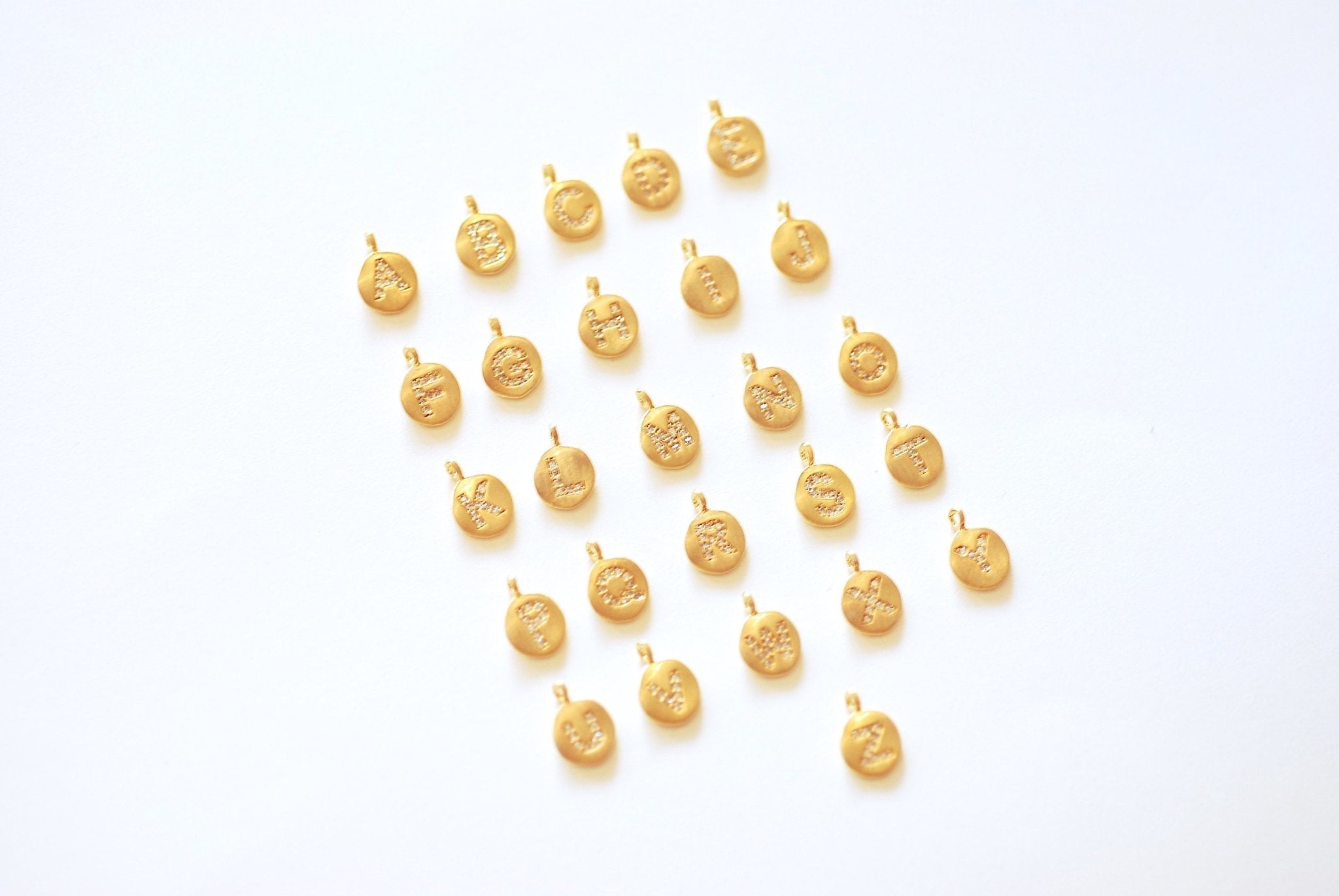 Vermeil Gold Letter Charm- 18k gold plated 925 Sterling Silver, CZ Alphabet, Initial Disc, Attached Bail, Letter Pendants, Pave Disc, 38 - HarperCrown