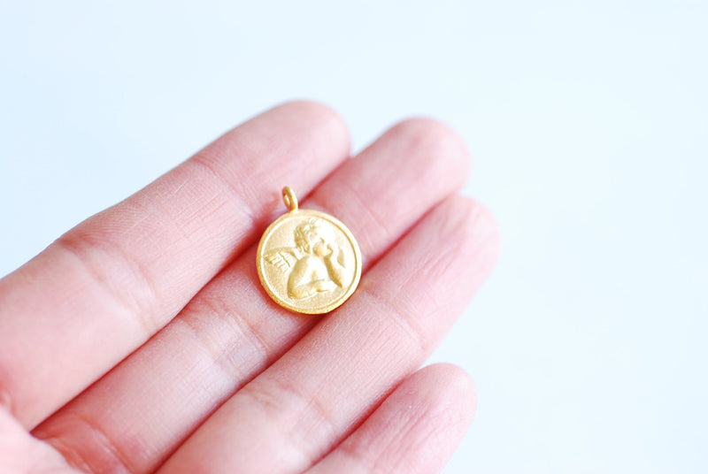 Vermeil Gold Medium Angel Face Round Charm- 22k Gold plated 925 Sterling Silver, angelic cupid wings pendant, Cherubic Angel, Angel, 453 - HarperCrown