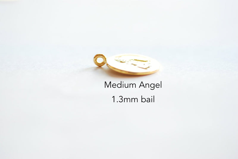 Vermeil Gold Medium Angel Face Round Charm- 22k Gold plated 925 Sterling Silver, angelic cupid wings pendant, Cherubic Angel, Angel, 453 - HarperCrown