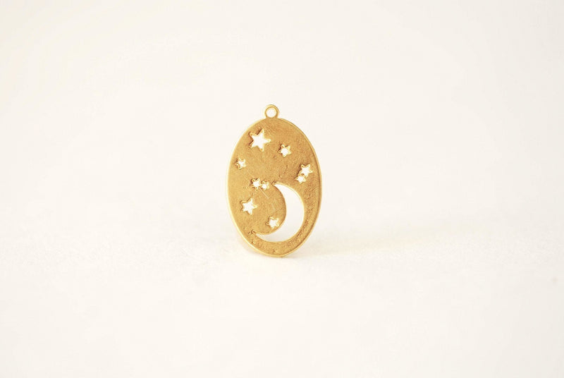 Vermeil Gold or Sterling Silver Oval Crescent Moon and Star Charm Pendant Cut Moon Night Sky Starry Night Waning Moon Twinkle Star [546] - HarperCrown