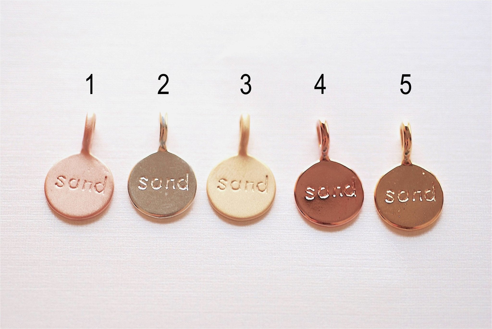 Vermeil Gold Sand Tag - 18k gold over 925 sterling silver vermeil gold "Sand" round disc charm pendant, aloha, sand, sea - HarperCrown