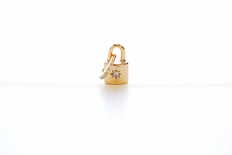 Vermeil Gold Starburst Padlock Pendant - 18k gold plated 925 Sterling Silver, Lock and Key Charm, Cubic Zirconia Key Charm, CZ Pave Charm - HarperCrown