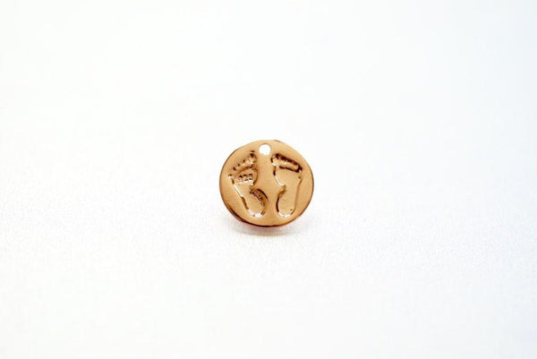 Vermeil Rose Gold Baby Foot Print Disc Charm - 18k Gold Plated Over Sterling Silver, feet onto round disk, Gold Baby Feet imprint - HarperCrown