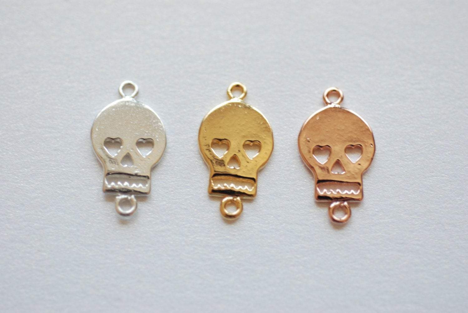 Vermeil Rose Gold Flat Skull Charm- 18k gold plated over Sterling Silver, Skull with Hearts Charm, Gold Skull Connector Link Spacer, 200 - HarperCrown